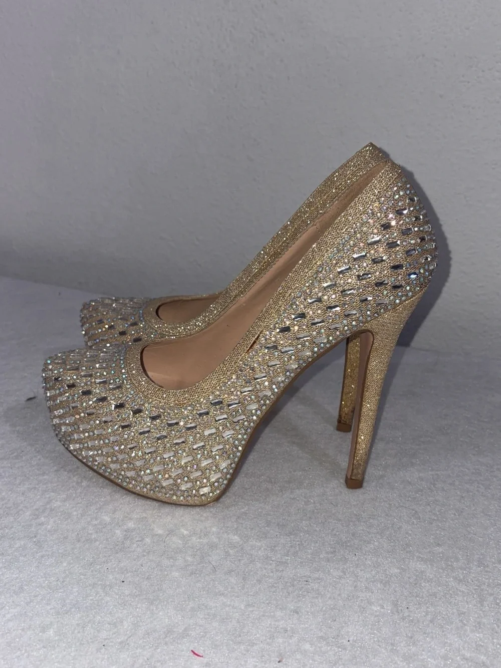 Gold Crystal Platform High Heels - Women's Shoes